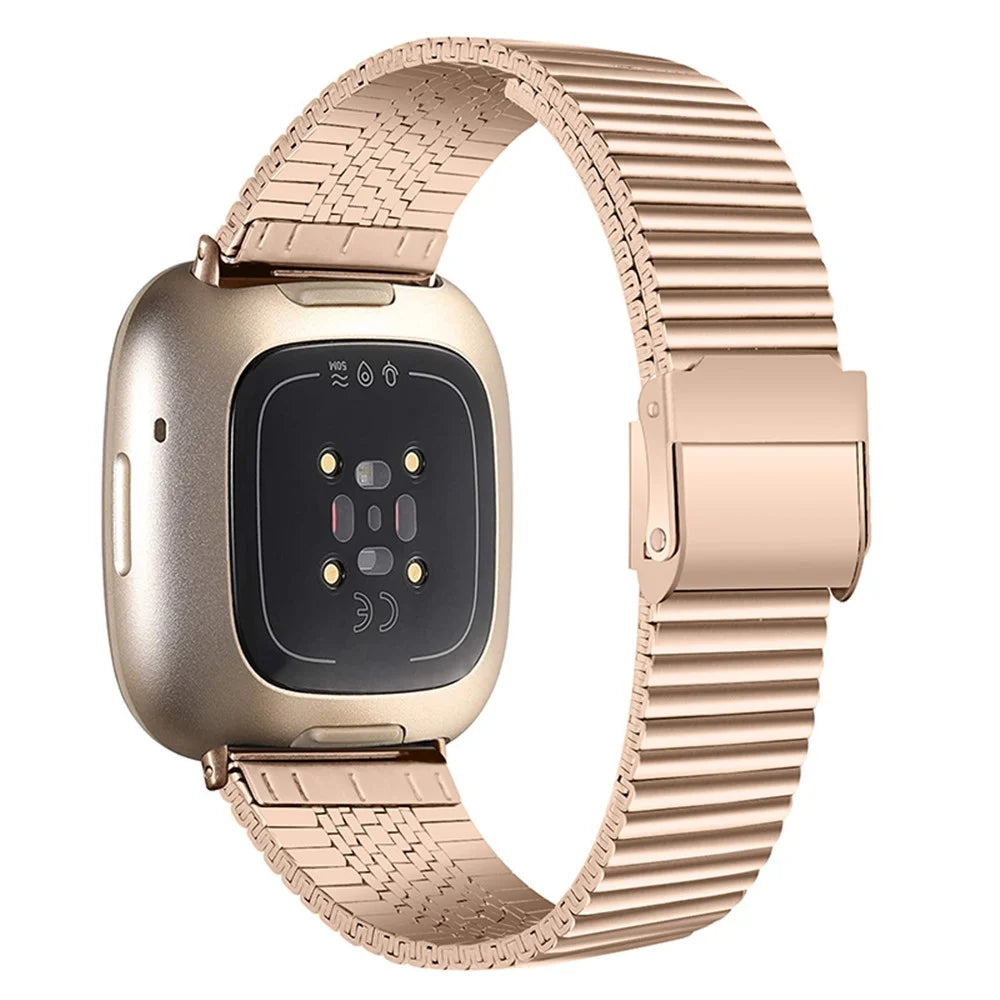 One Bead Double Buckle Side Textured Stainless Steel Watch Band Wrist Bracelet Strap for Fitbit Versa 3/Fitbit Sense - Pink Gold - 1