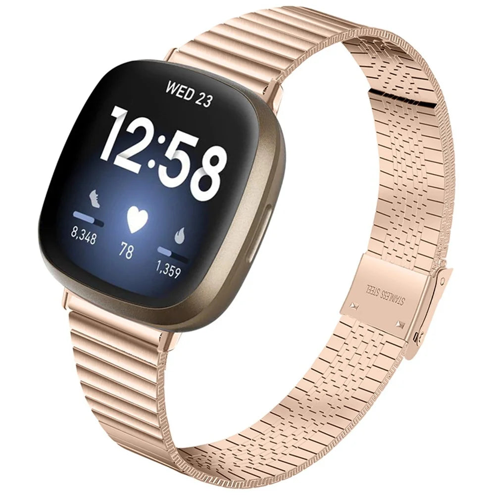 One Bead Double Buckle Side Textured Stainless Steel Watch Band Wrist Bracelet Strap for Fitbit Versa 3/Fitbit Sense - Pink Gold - 2
