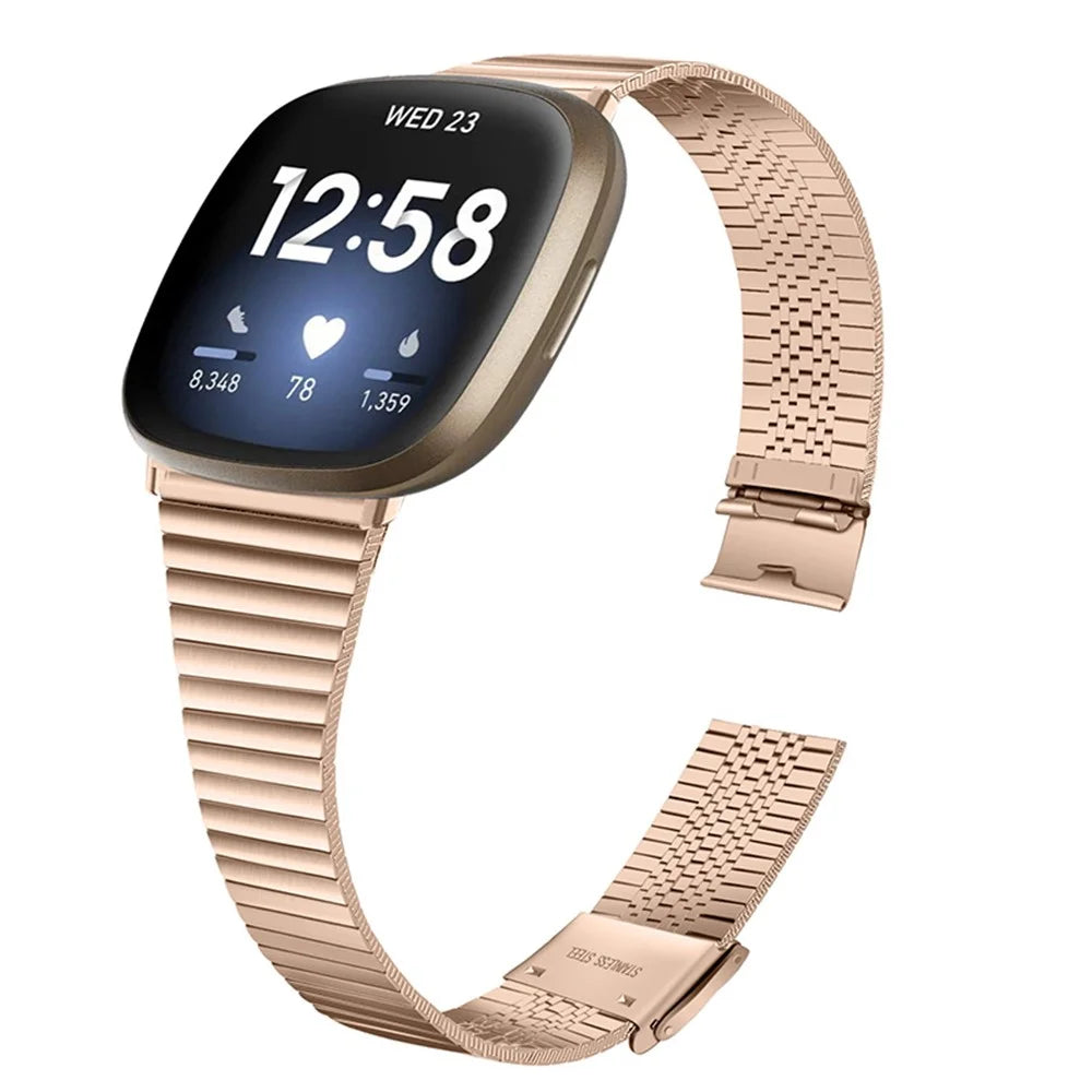 One Bead Double Buckle Side Textured Stainless Steel Watch Band Wrist Bracelet Strap for Fitbit Versa 3/Fitbit Sense - Pink Gold - 3