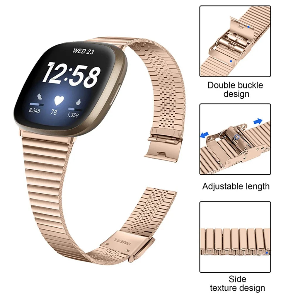 One Bead Double Buckle Side Textured Stainless Steel Watch Band Wrist Bracelet Strap for Fitbit Versa 3/Fitbit Sense - Pink Gold - 4