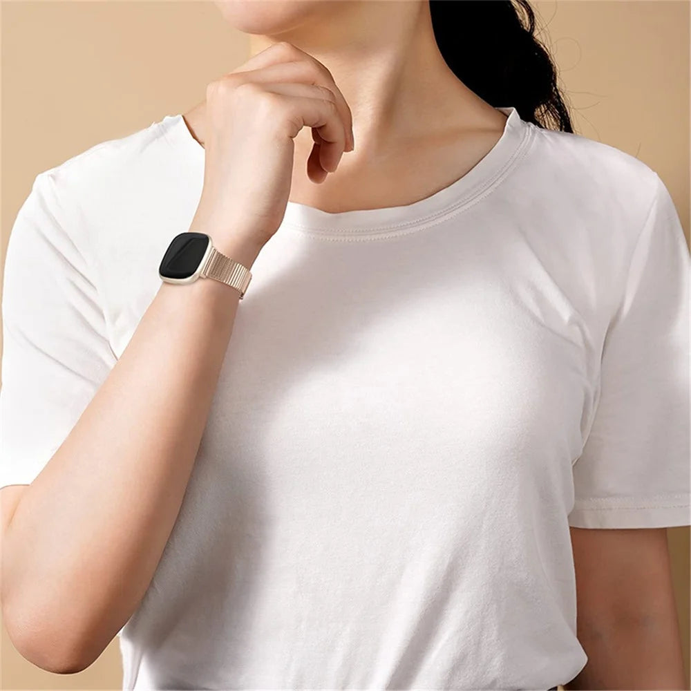 One Bead Double Buckle Side Textured Stainless Steel Watch Band Wrist Bracelet Strap for Fitbit Versa 3/Fitbit Sense - Pink Gold - 7