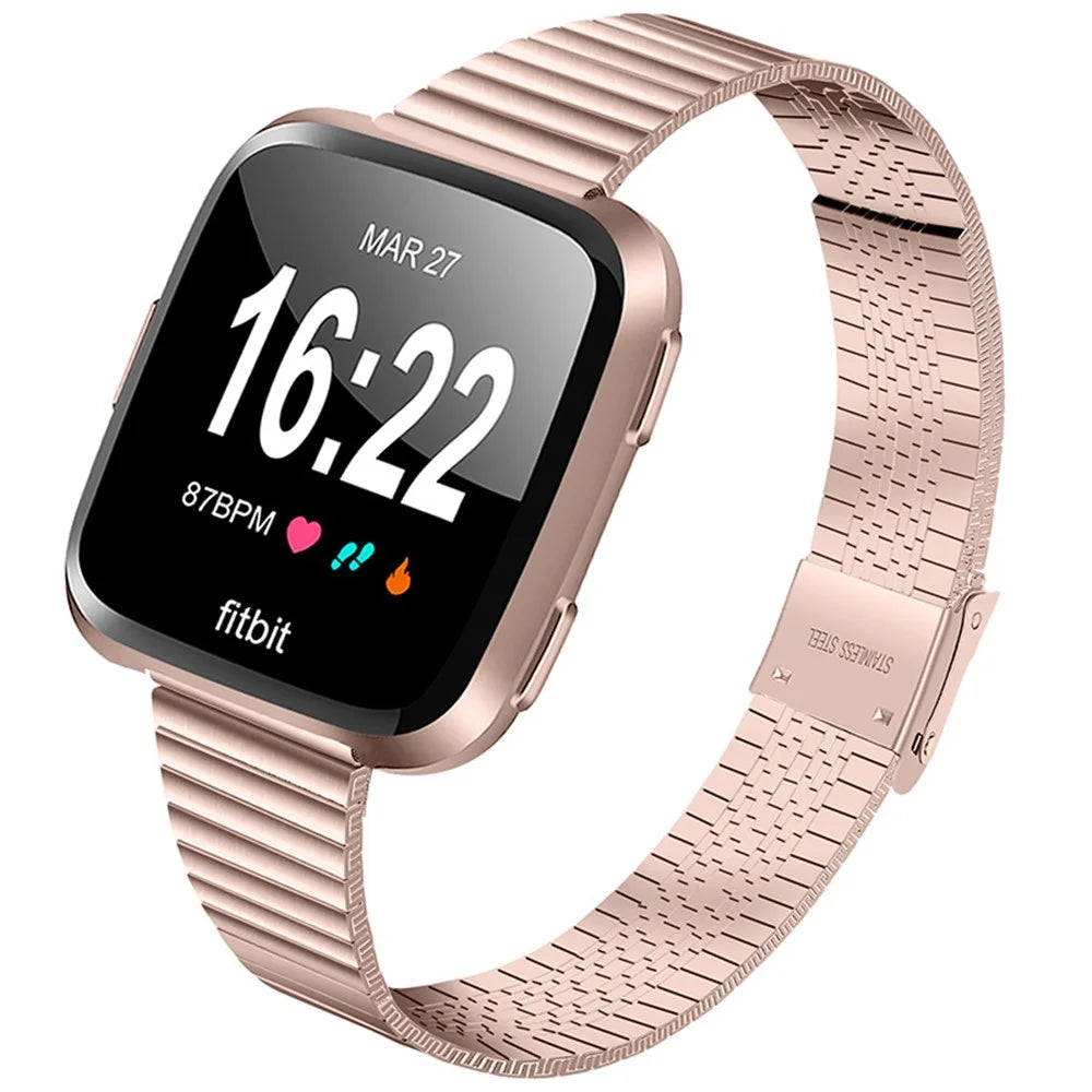 Stylish Stainless Steel Wrist Strap with Double Buckle Side Textured Band Smart Watch Accessory for Fitbit Versa/Versa 2/Versa Lite/Versa SE - Pink Gold - 1