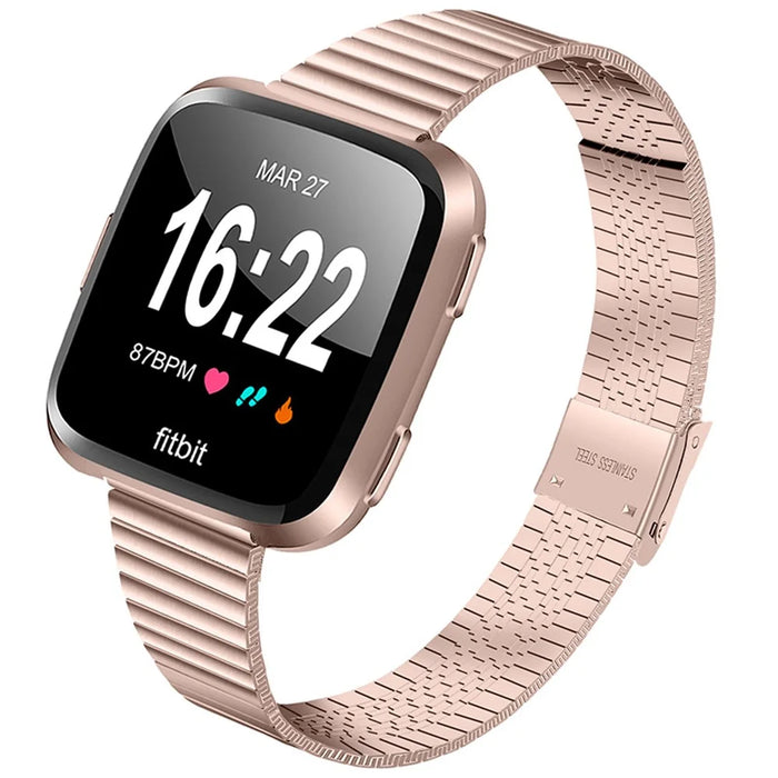 Stylish Stainless Steel Wrist Strap with Double Buckle Side Textured Band Smart Watch Accessory for Fitbit Versa/Versa 2/Versa Lite/Versa SE - Pink Gold - 1