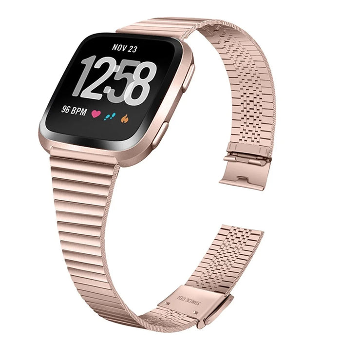 Stylish Stainless Steel Wrist Strap with Double Buckle Side Textured Band Smart Watch Accessory for Fitbit Versa/Versa 2/Versa Lite/Versa SE - Pink Gold - 2
