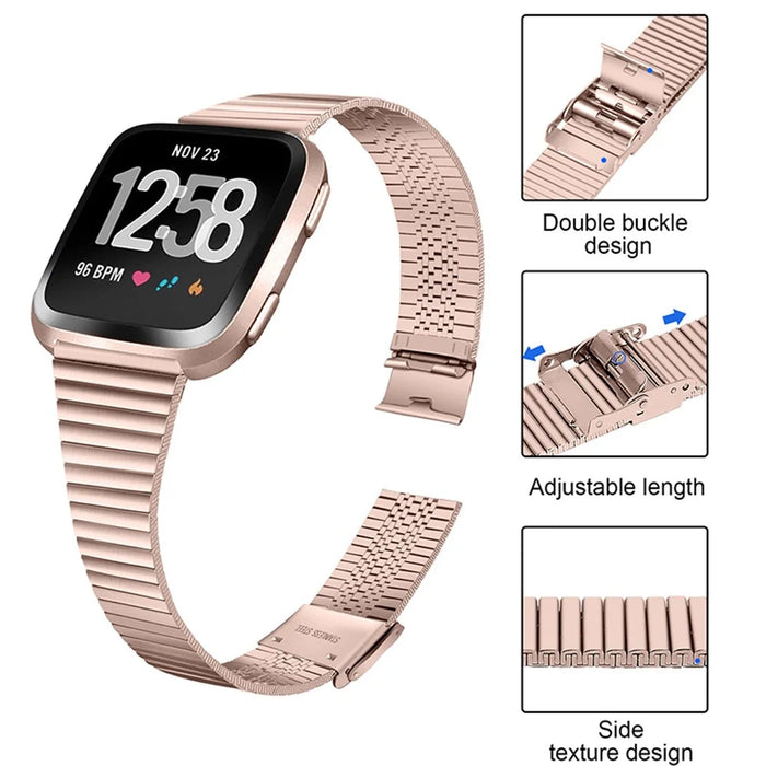 Stylish Stainless Steel Wrist Strap with Double Buckle Side Textured Band Smart Watch Accessory for Fitbit Versa/Versa 2/Versa Lite/Versa SE - Pink Gold - 3