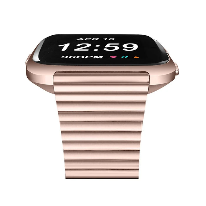 Stylish Stainless Steel Wrist Strap with Double Buckle Side Textured Band Smart Watch Accessory for Fitbit Versa/Versa 2/Versa Lite/Versa SE - Pink Gold - 5