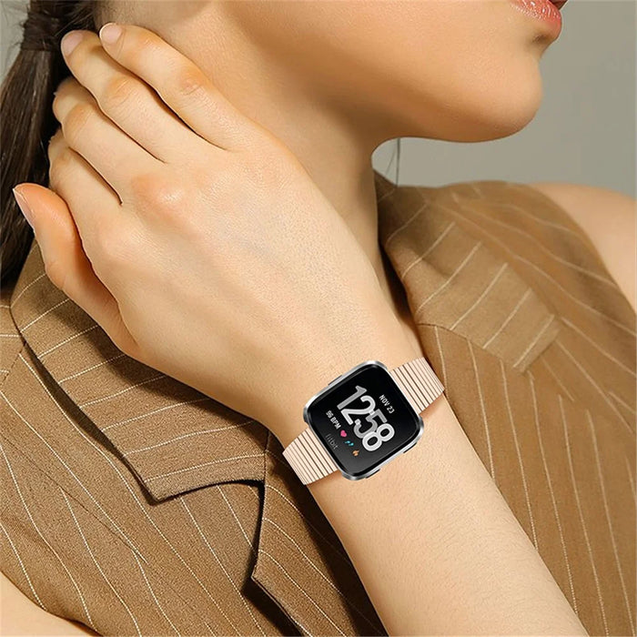 Stylish Stainless Steel Wrist Strap with Double Buckle Side Textured Band Smart Watch Accessory for Fitbit Versa/Versa 2/Versa Lite/Versa SE - Pink Gold - 7