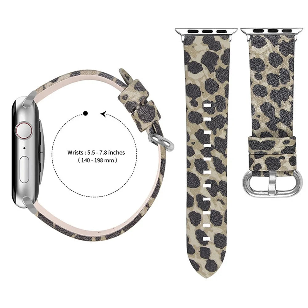 Watchband Cowhide Genuine Leather Wrist Bracelet for Apple Watch Series 9 /  8 / 7 41mm / 6 / SE (2023) / SE (2022) / SE  / 5 / 4 40mm / 3 / 2 / 1 38mm - Army Green Leopard - 3
