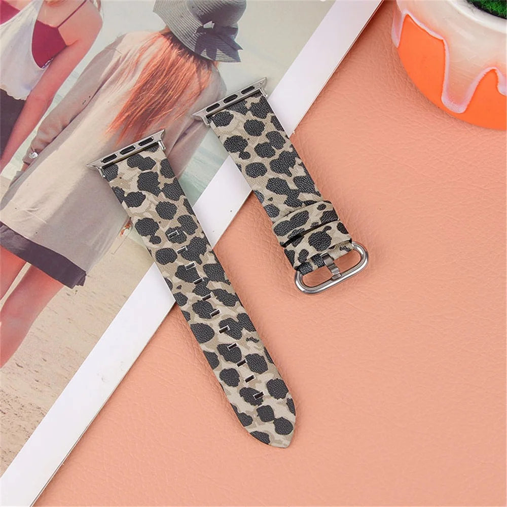 Watchband Cowhide Genuine Leather Wrist Bracelet for Apple Watch Series 9 /  8 / 7 41mm / 6 / SE (2023) / SE (2022) / SE  / 5 / 4 40mm / 3 / 2 / 1 38mm - Army Green Leopard - 4