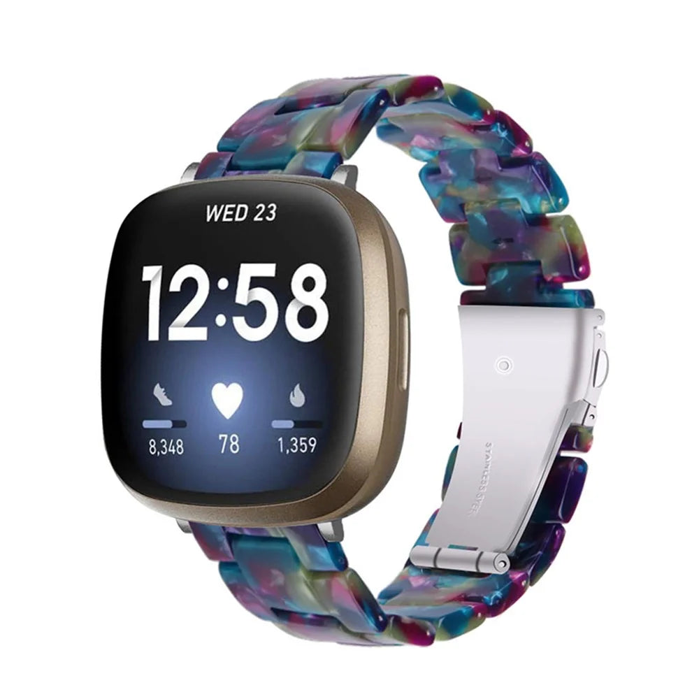 Resin Bracelet Wristband 3 Beads Strap Replacement for Fitbit Versa 3 / Fitbit Sense - Purple/Green Flowers - 2