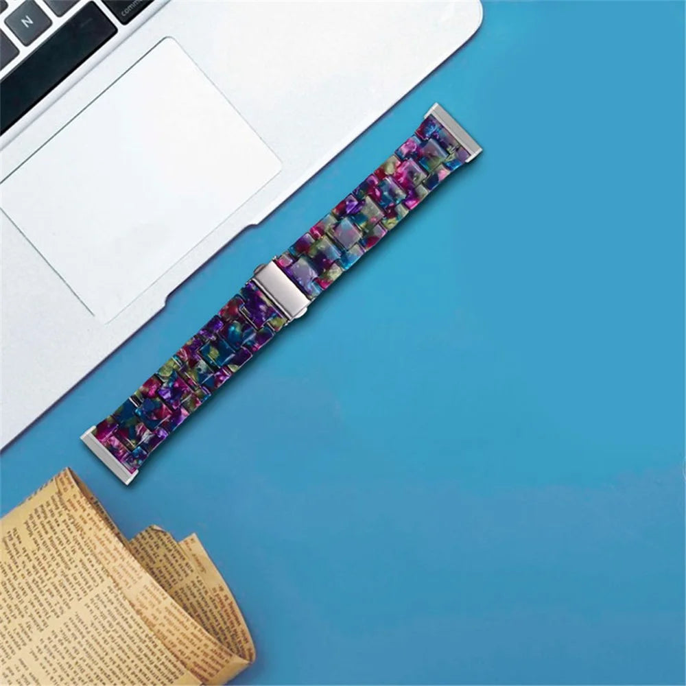 Resin Bracelet Wristband 3 Beads Strap Replacement for Fitbit Versa 3 / Fitbit Sense - Purple/Green Flowers - 5