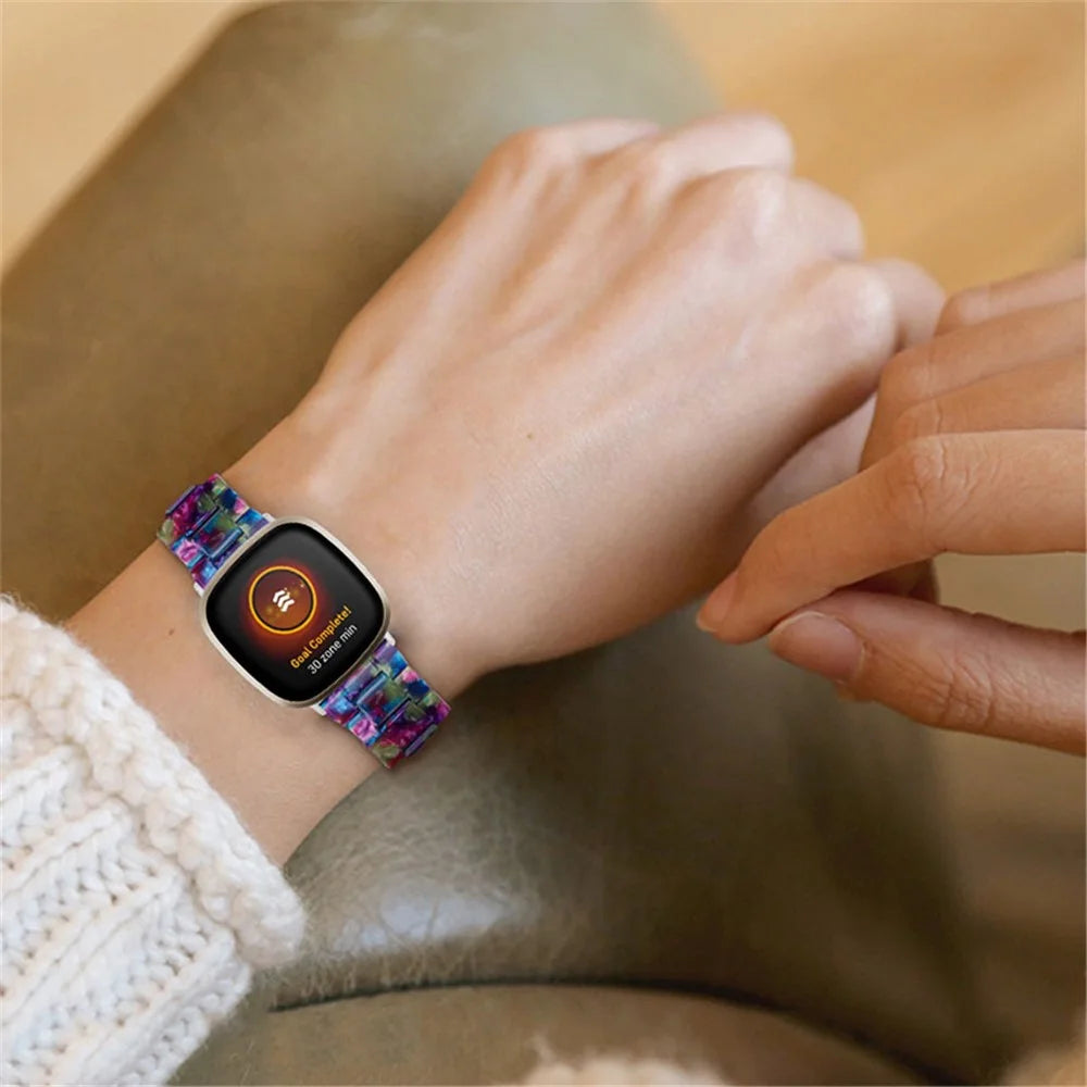 Resin Bracelet Wristband 3 Beads Strap Replacement for Fitbit Versa 3 / Fitbit Sense - Purple/Green Flowers - 6