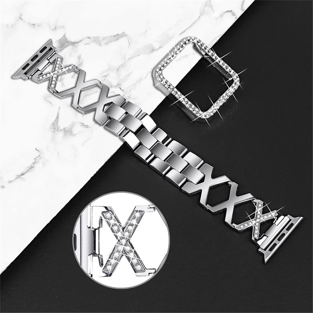 Women Rhinestone Decor X Design Stainless Steel Watch Strap and Watch Case Cover for Apple Watch Series 6 / 5 / 4 / SE / SE(2022) 40mm - 2