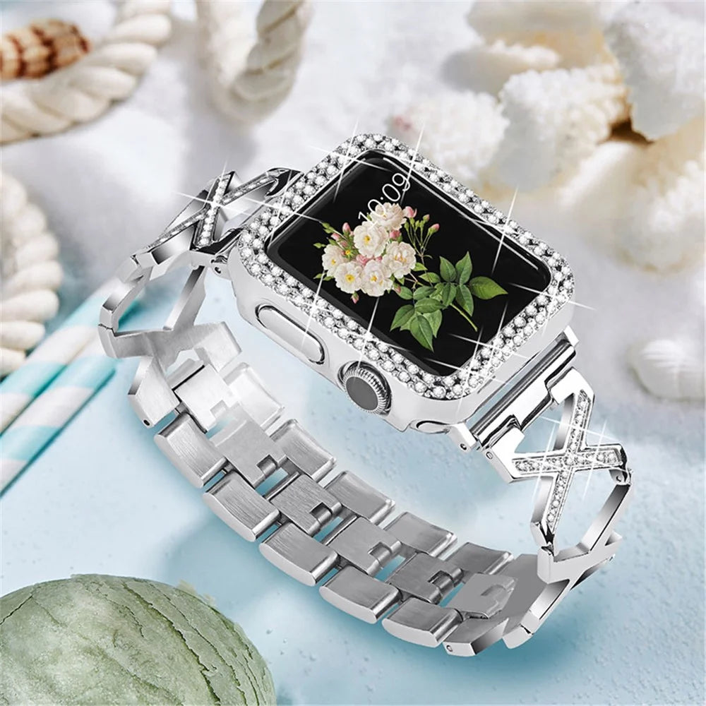 Women Rhinestone Decor X Design Stainless Steel Watch Strap and Watch Case Cover for Apple Watch Series 6 / 5 / 4 / SE / SE(2022) 40mm - 4