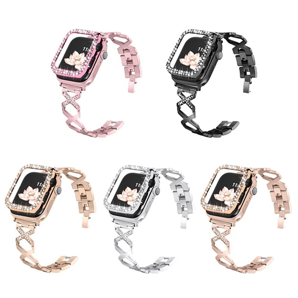 Women Rhinestone Decor X Design Stainless Steel Watch Strap and Watch Case Cover for Apple Watch Series 6 / 5 / 4 / SE / SE(2022) 40mm - 7