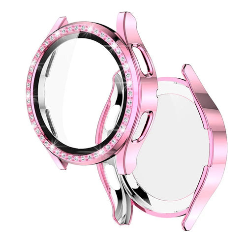 2 in 1 Rhinestone Decorative PC Watch Case Cover with Tempered Glass Screen Film for Samsung Galaxy Watch4 44mm - Pink - 1