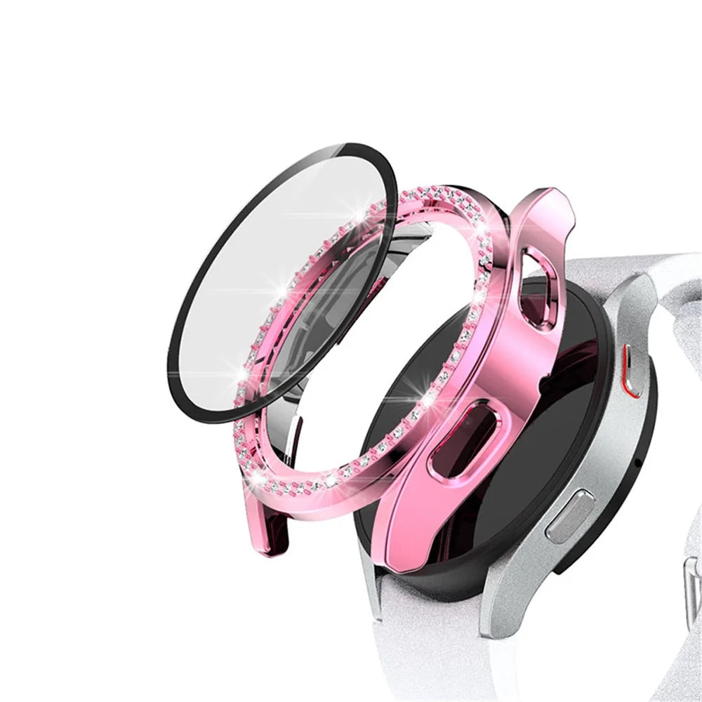 2 in 1 Rhinestone Decorative PC Watch Case Cover with Tempered Glass Screen Film for Samsung Galaxy Watch4 44mm - Pink - 2