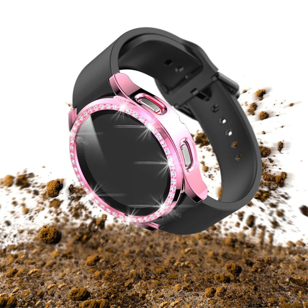 2 in 1 Rhinestone Decorative PC Watch Case Cover with Tempered Glass Screen Film for Samsung Galaxy Watch4 44mm - Pink - 4