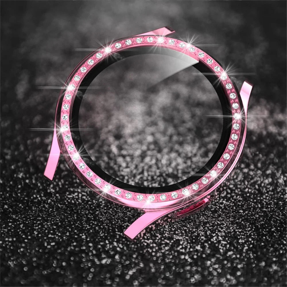 2 in 1 Rhinestone Decorative PC Watch Case Cover with Tempered Glass Screen Film for Samsung Galaxy Watch4 44mm - Pink - 5
