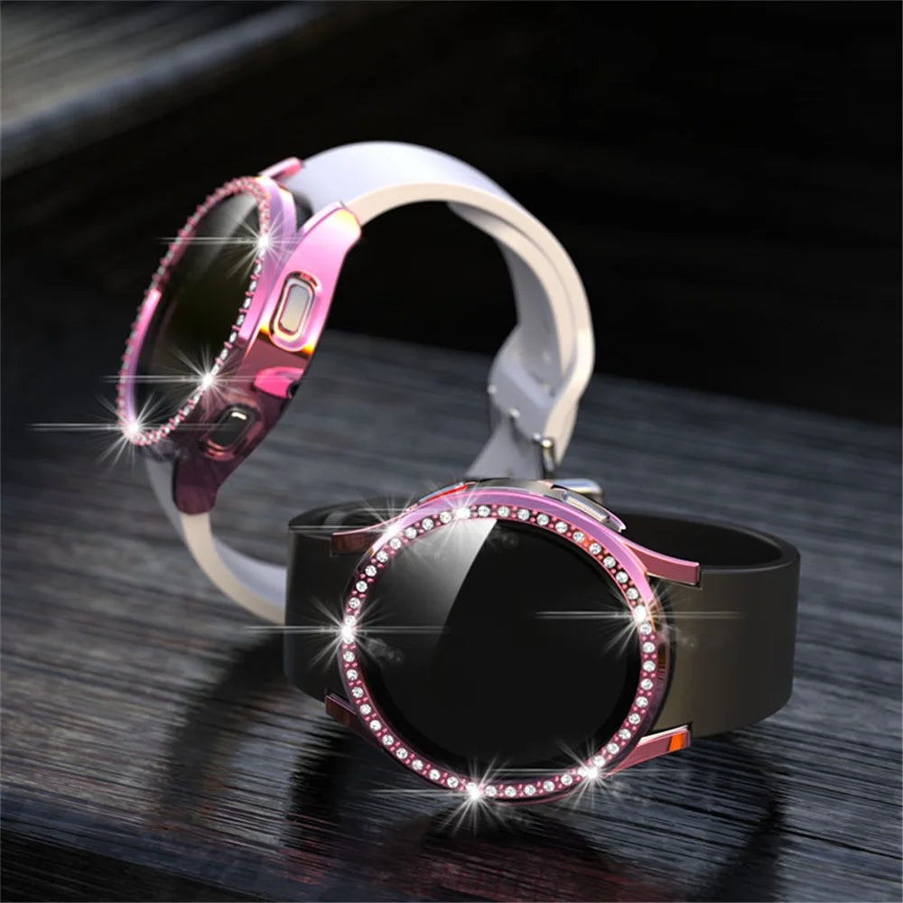 2 in 1 Rhinestone Decorative PC Watch Case Cover with Tempered Glass Screen Film for Samsung Galaxy Watch4 44mm - Pink - 6