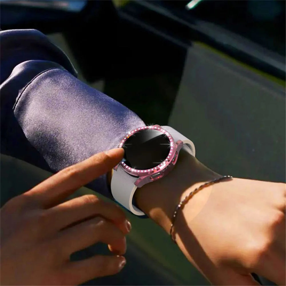 2 in 1 Rhinestone Decorative PC Watch Case Cover with Tempered Glass Screen Film for Samsung Galaxy Watch4 44mm - Pink - 7