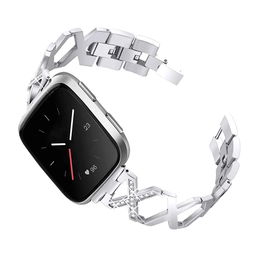 Women Luxury Rhinestone X Design Stainless Steel Hollow Watchband Strap for Fitbit Versa/Versa 2/Versa Lite/Versa SE - Silver - 1
