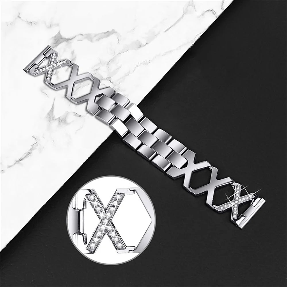 Women Luxury Rhinestone X Design Stainless Steel Hollow Watchband Strap for Fitbit Versa/Versa 2/Versa Lite/Versa SE - Silver - 2