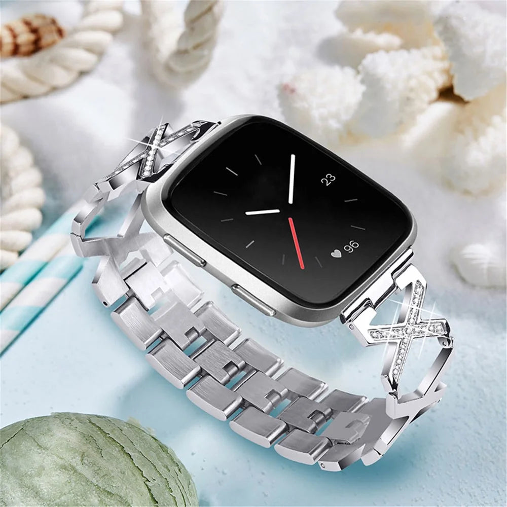 Women Luxury Rhinestone X Design Stainless Steel Hollow Watchband Strap for Fitbit Versa/Versa 2/Versa Lite/Versa SE - Silver - 4