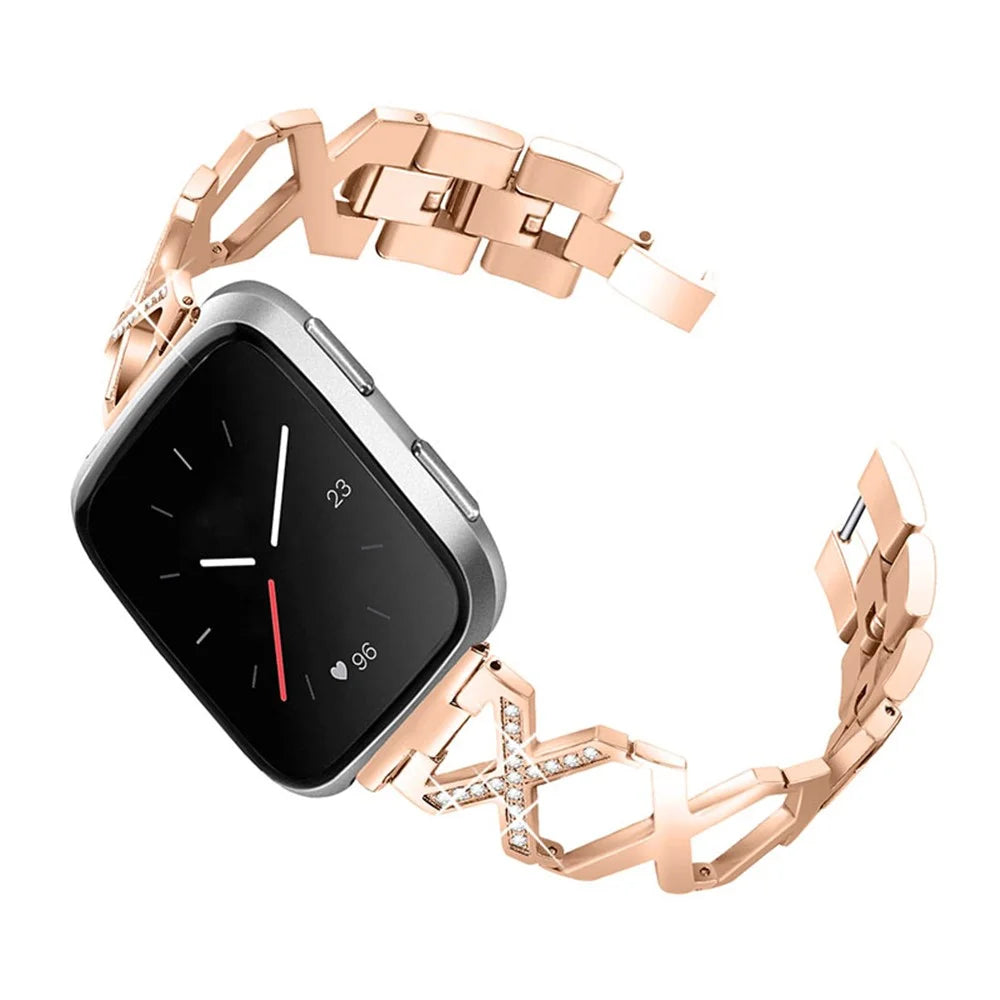 Women Stainless Steel Wrist Strap Watchband Hollow X Design with Shiny Rhinestone Decor for Fitbit Versa/Versa 2/Versa Lite/Versa SE - Rose Gold - 1