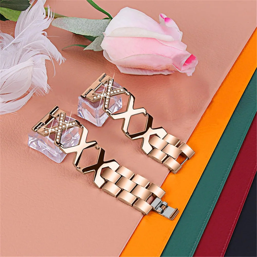 Women Stainless Steel Wrist Strap Watchband Hollow X Design with Shiny Rhinestone Decor for Fitbit Versa/Versa 2/Versa Lite/Versa SE - Rose Gold - 3