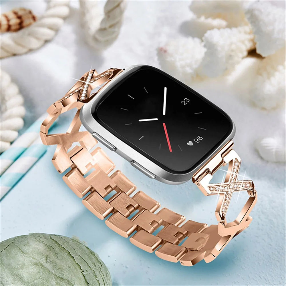 Women Stainless Steel Wrist Strap Watchband Hollow X Design with Shiny Rhinestone Decor for Fitbit Versa/Versa 2/Versa Lite/Versa SE - Rose Gold - 4
