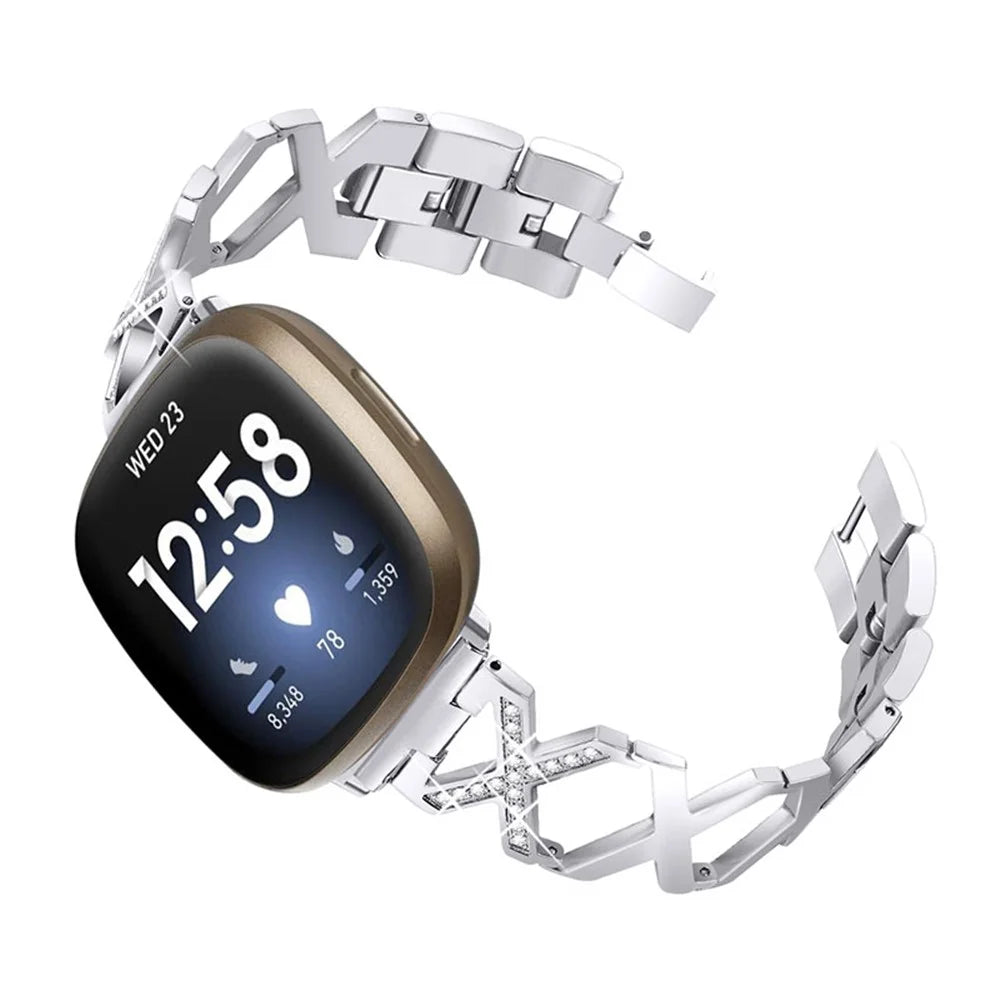 Women Luxury Rhinestone X Design Stainless Steel Watch Strap for Fitbit Versa 3/Fitbit Sense - Silver - 1