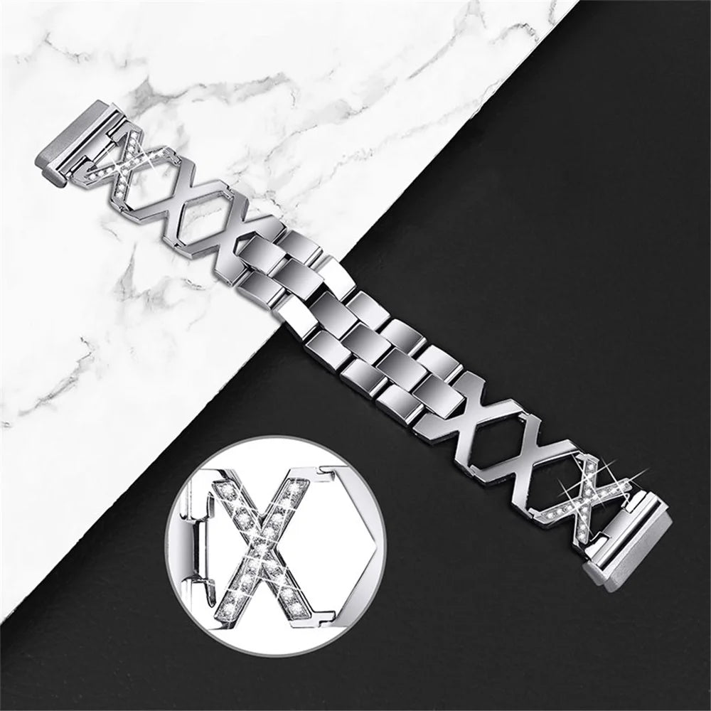 Women Luxury Rhinestone X Design Stainless Steel Watch Strap for Fitbit Versa 3/Fitbit Sense - Silver - 2