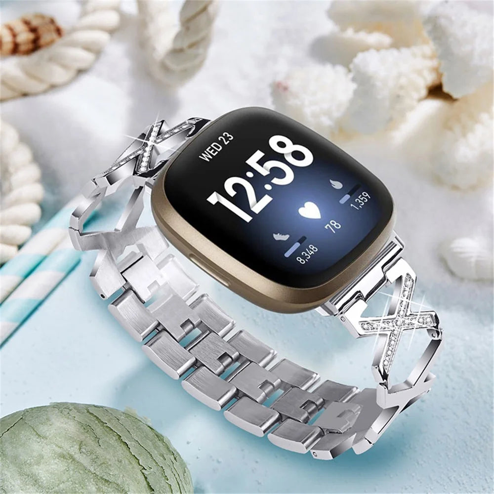 Women Luxury Rhinestone X Design Stainless Steel Watch Strap for Fitbit Versa 3/Fitbit Sense - Silver - 4