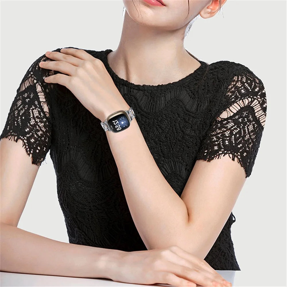 Women Luxury Rhinestone X Design Stainless Steel Watch Strap for Fitbit Versa 3/Fitbit Sense - Silver - 6