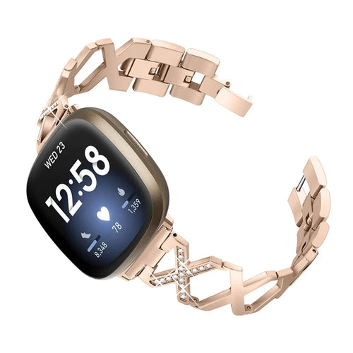 Bling Rhinestone X Design Women Stainless Steel Smart Watch Band for Fitbit Versa 3/Fitbit Sense - Gold - 1