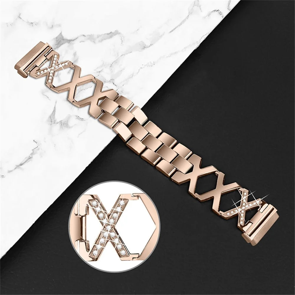 Bling Rhinestone X Design Women Stainless Steel Smart Watch Band for Fitbit Versa 3/Fitbit Sense - Gold - 2