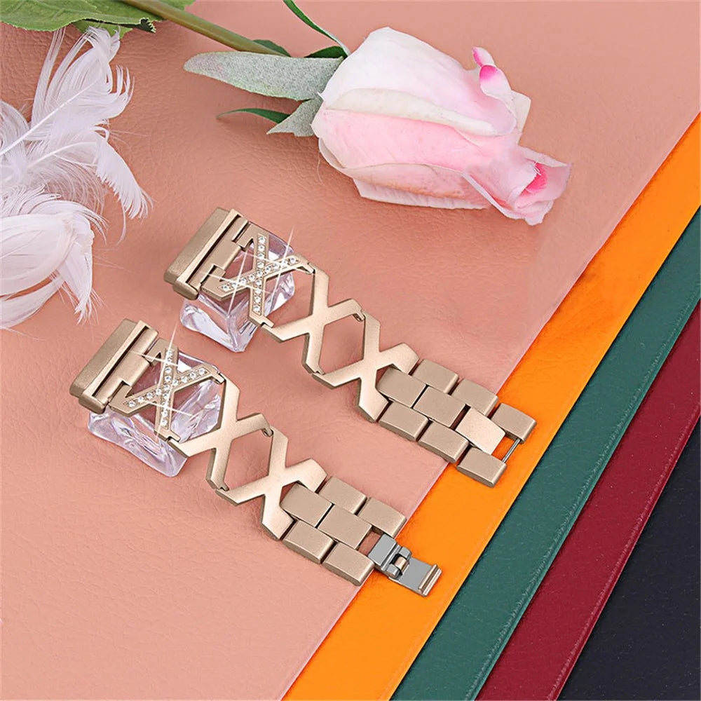 Bling Rhinestone X Design Women Stainless Steel Smart Watch Band for Fitbit Versa 3/Fitbit Sense - Gold - 3