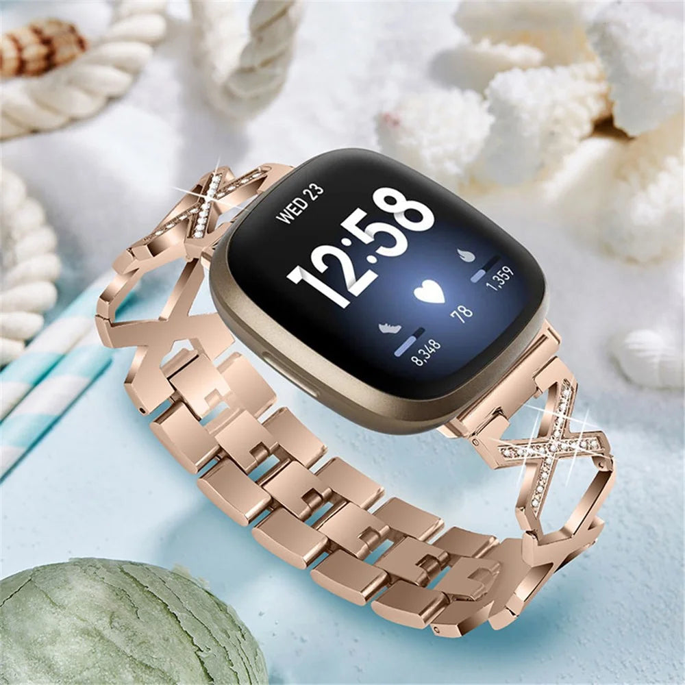 Bling Rhinestone X Design Women Stainless Steel Smart Watch Band for Fitbit Versa 3/Fitbit Sense - Gold - 4