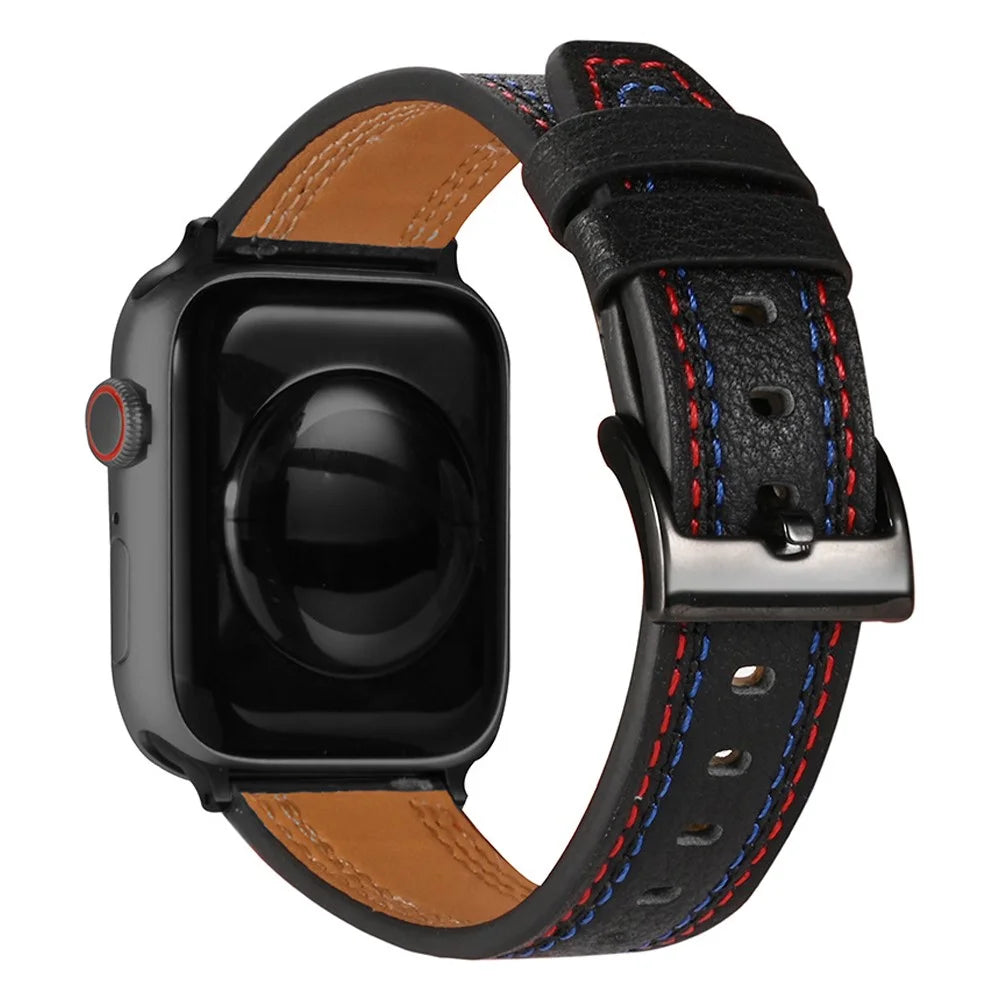 Stylish Genuine Leather Smart Watch Replacement Strap for Apple Watch Series 11 10 42mm / 9 8 7 41mm / SE3 SE2 SE 6 5 4 40mm / 3 2 1 38mm - Black - 1