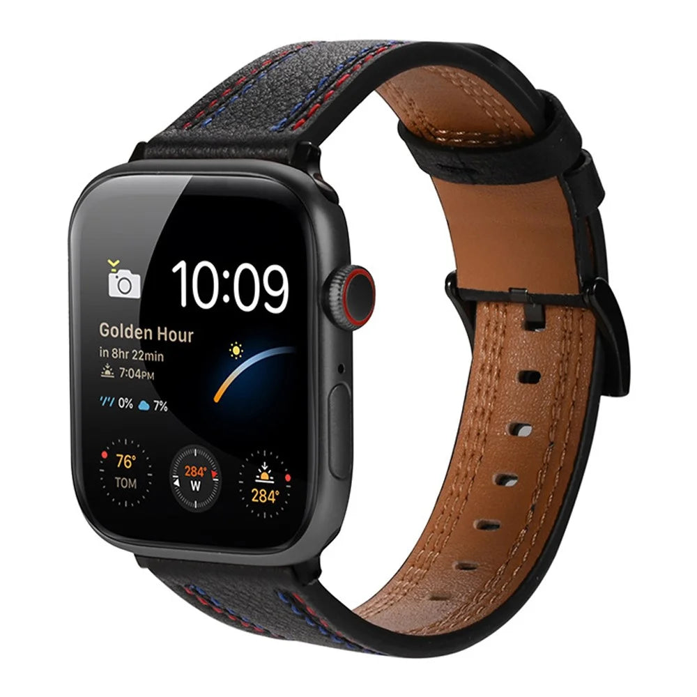 Stylish Genuine Leather Smart Watch Replacement Strap for Apple Watch Series 11 10 42mm / 9 8 7 41mm / SE3 SE2 SE 6 5 4 40mm / 3 2 1 38mm - Black - 2
