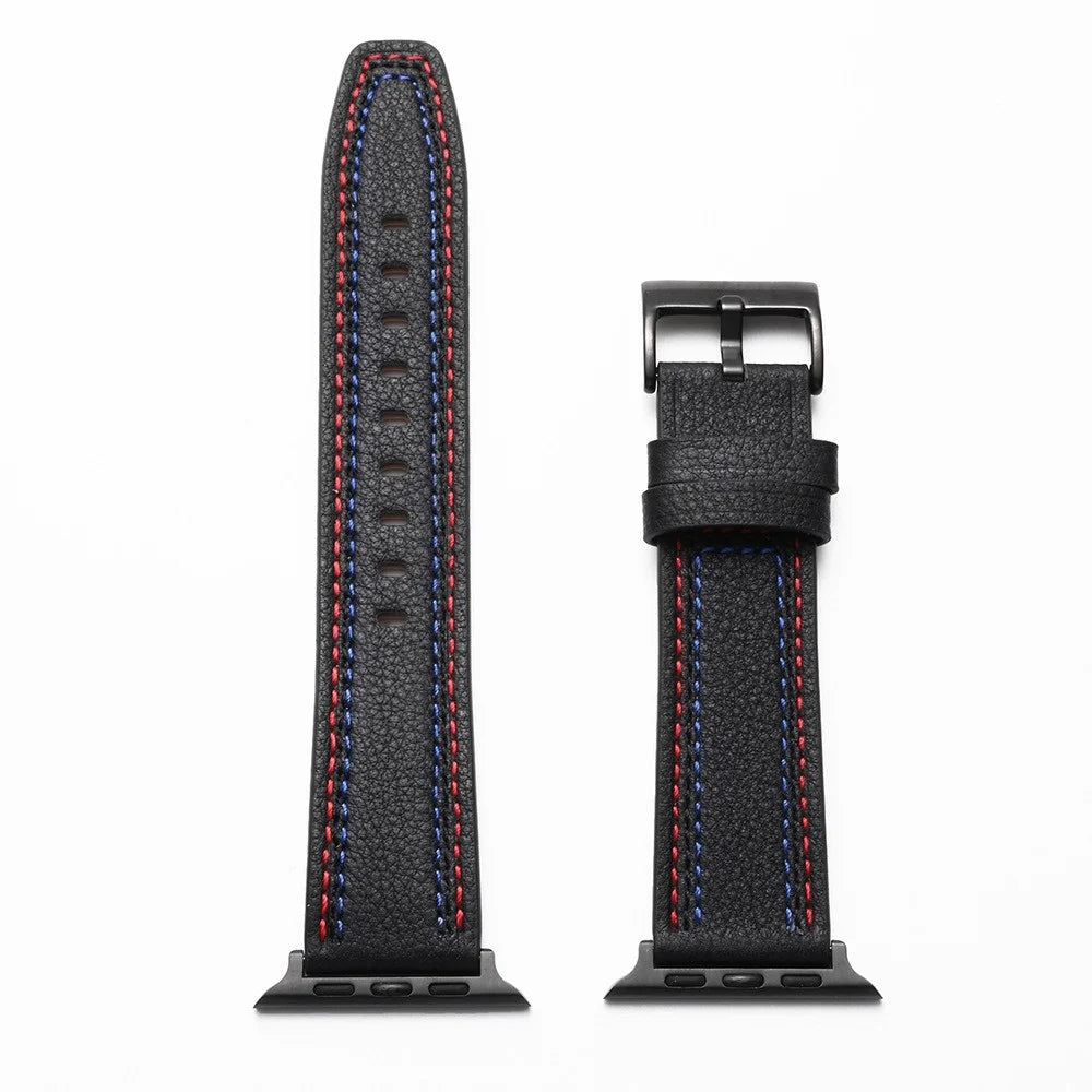 Stylish Genuine Leather Smart Watch Replacement Strap for Apple Watch Series 11 10 42mm / 9 8 7 41mm / SE3 SE2 SE 6 5 4 40mm / 3 2 1 38mm - Black - 4