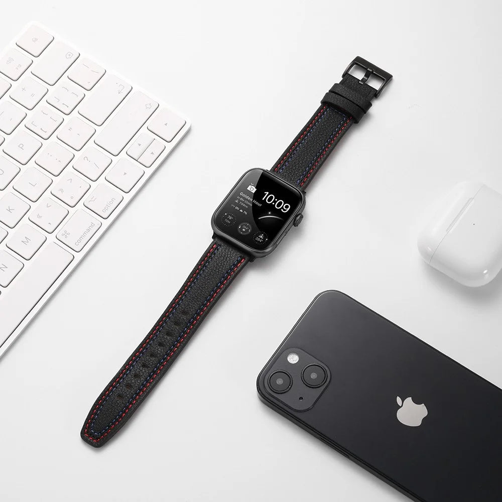 Stylish Genuine Leather Smart Watch Replacement Strap for Apple Watch Series 11 10 42mm / 9 8 7 41mm / SE3 SE2 SE 6 5 4 40mm / 3 2 1 38mm - Black - 5