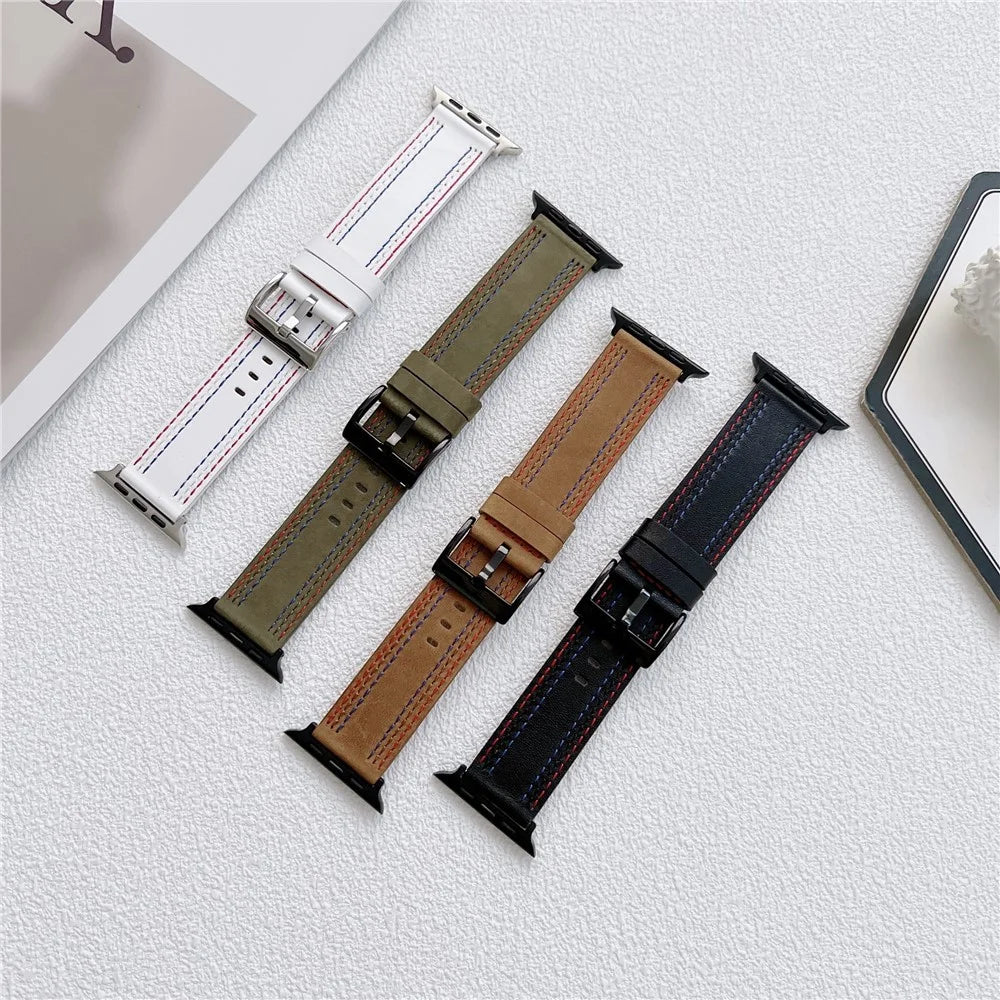 Stylish Genuine Leather Smart Watch Replacement Strap for Apple Watch Series 11 10 42mm / 9 8 7 41mm / SE3 SE2 SE 6 5 4 40mm / 3 2 1 38mm - Black - 6
