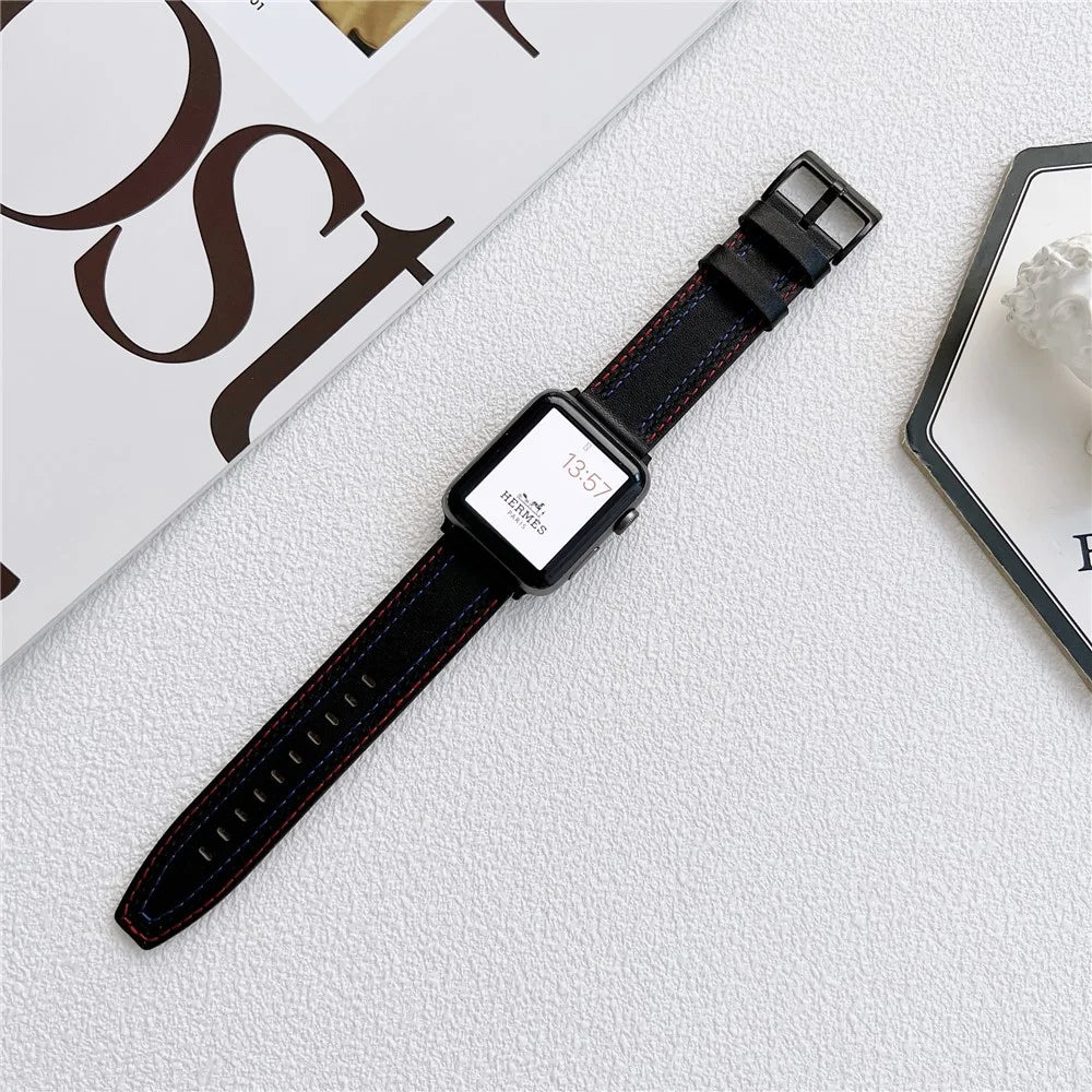 Stylish Genuine Leather Smart Watch Replacement Strap for Apple Watch Series 11 10 42mm / 9 8 7 41mm / SE3 SE2 SE 6 5 4 40mm / 3 2 1 38mm - Black - 7