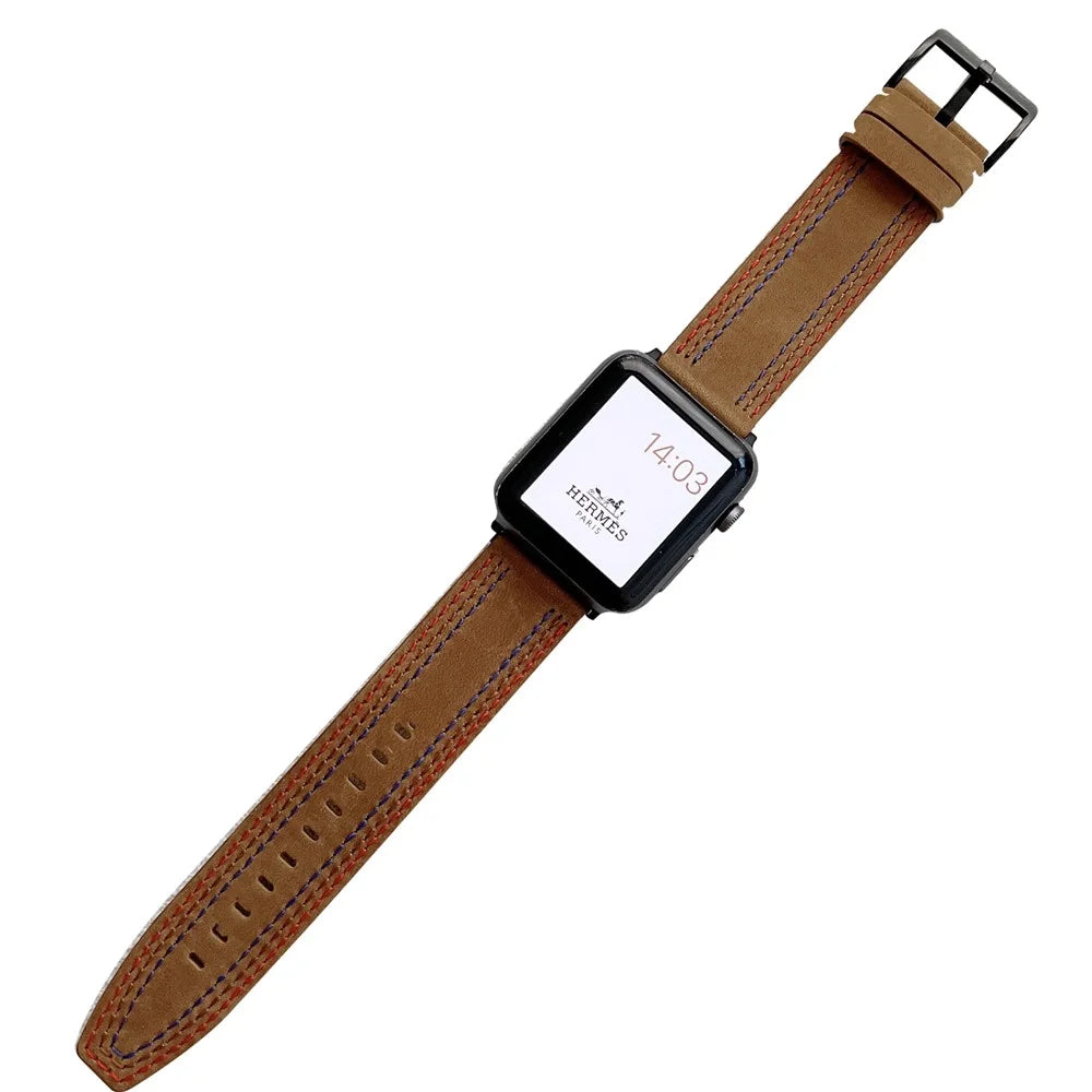 Genuine Leather Stitching Design Smart Bracelet Watch Strap Replacement for Apple Watch Ultra 3 2 1 49mm / Series 11 10 46mm / 9 8 7 45mm / SE3 SE2 SE 6 5 4 44mm / 3 2 1 42mm - Brown - 1
