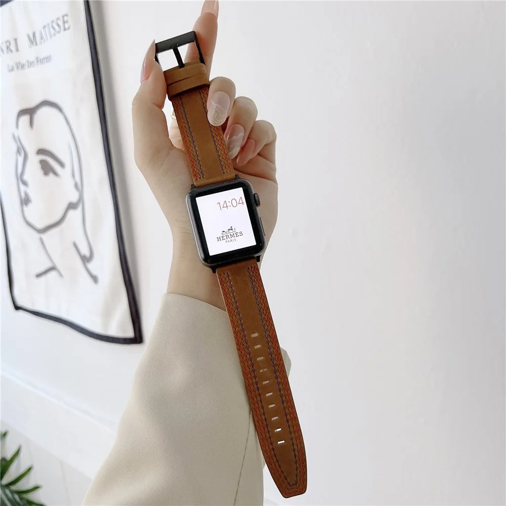 Genuine Leather Stitching Design Smart Bracelet Watch Strap Replacement for Apple Watch Ultra 3 2 1 49mm / Series 11 10 46mm / 9 8 7 45mm / SE3 SE2 SE 6 5 4 44mm / 3 2 1 42mm - Brown - 2