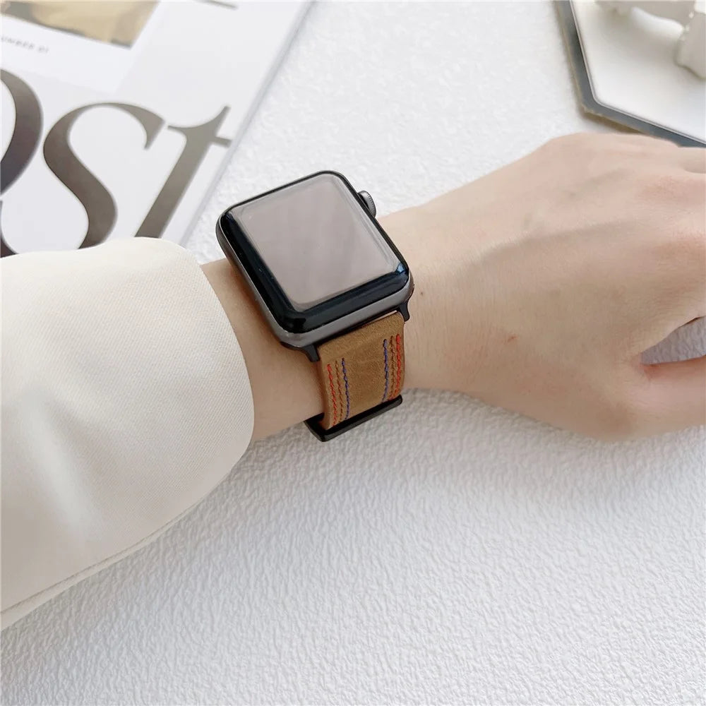 Genuine Leather Stitching Design Smart Bracelet Watch Strap Replacement for Apple Watch Ultra 3 2 1 49mm / Series 11 10 46mm / 9 8 7 45mm / SE3 SE2 SE 6 5 4 44mm / 3 2 1 42mm - Brown - 3