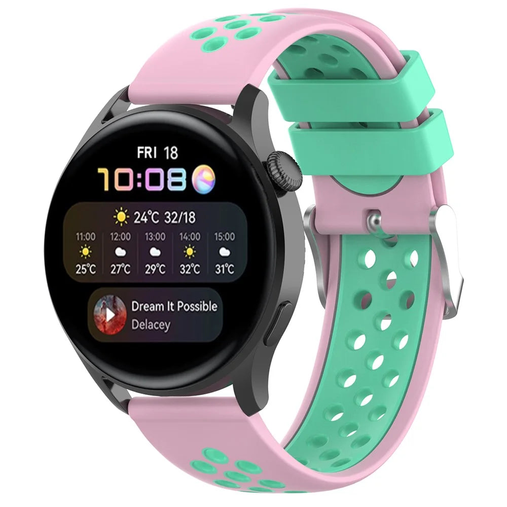 22mm Breathable Dual Color Silicone Watch Strap Wristband with Multiple Holes Design for Huawei Watch GT3 46mm/Samsung Gear S3 Frontier/Classic - Pink/Teal - 2