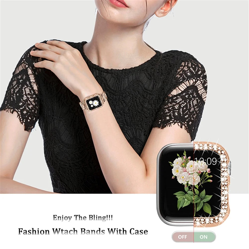 2-in-1 Stainless Steel Rhinestone Protective Watch Case Cover + X Design Watch Band for Apple Watch Series 7 45mm - Gold - 4